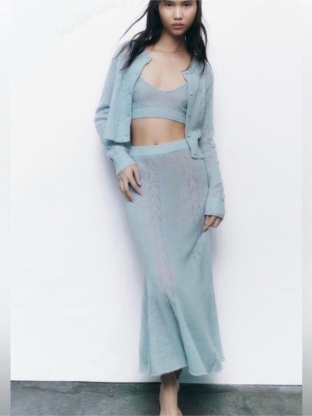 Zara Light Blue Pointelle Alpaca Wool Knit Skirt